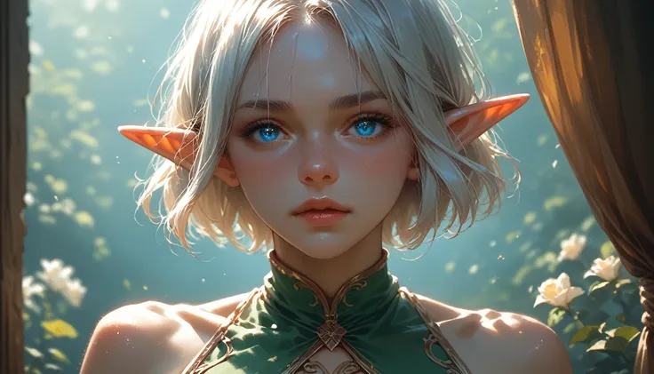 1 elf girl, short hair above the shoulders, blue eyes, elf girl, elf clothes, cg