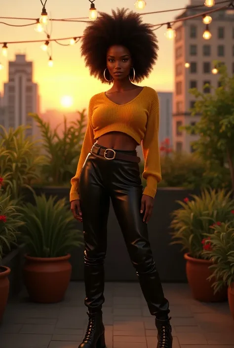 A curvaceous Black woman in a fitted, ribbed knit crop top in mustard yellow, paired with high-waisted leather pants and chunky boots. She’s accessorized with a wide leather belt and oversized hoop earrings. Her hair is styled in a curly afro puff. The set...