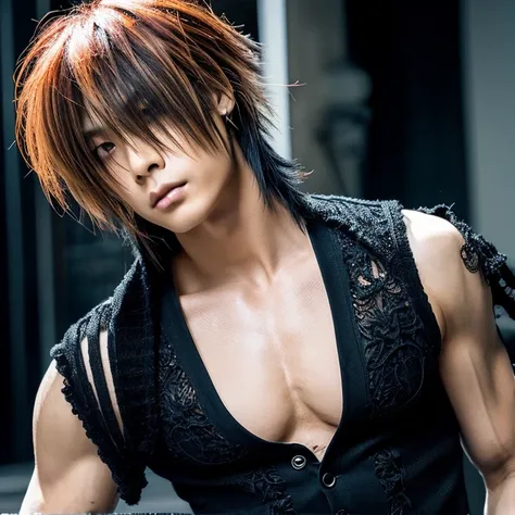 1 man, male, japanese man, visual kai hairstyle, ultra detailed face and body, hyperrealistic, realistic representation, muscula...