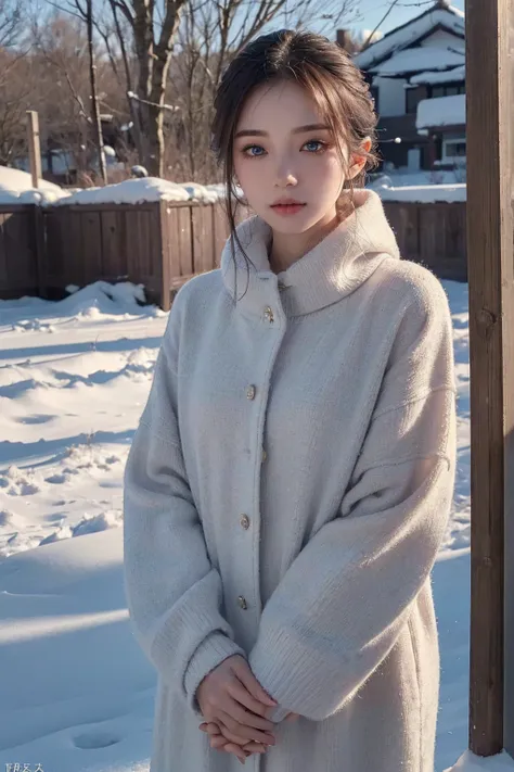 (32k, RAW photo, subtle-expressions, best quality, masterpiece:1.3), (realistic, photo-realistic:1.4), (a mature lady,  slender: 1.3),  (cold weather, small chest, dressed warmly: 1.1), (full body: 1.0), 20 years old Japanese woman