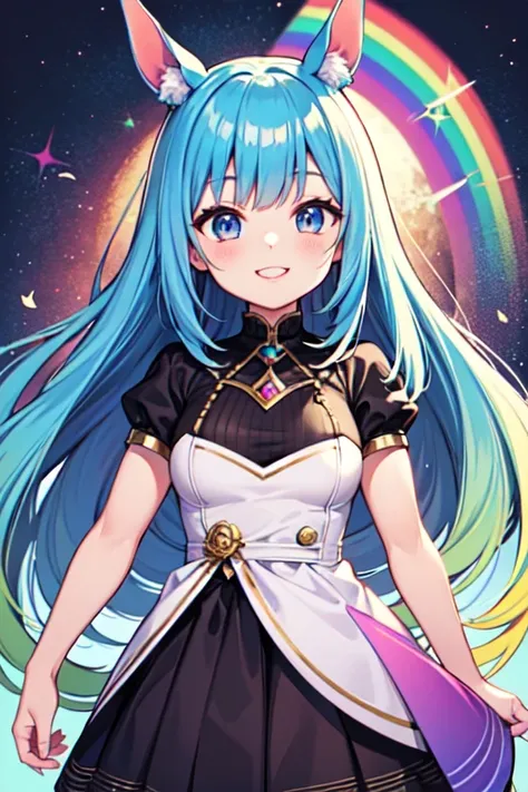 Horse Girl、Horse ears、Rainbow colored hair、Gradient hair texture、Long Hair、Rainbow Eyes、whole body、Muscular、Cute smile、