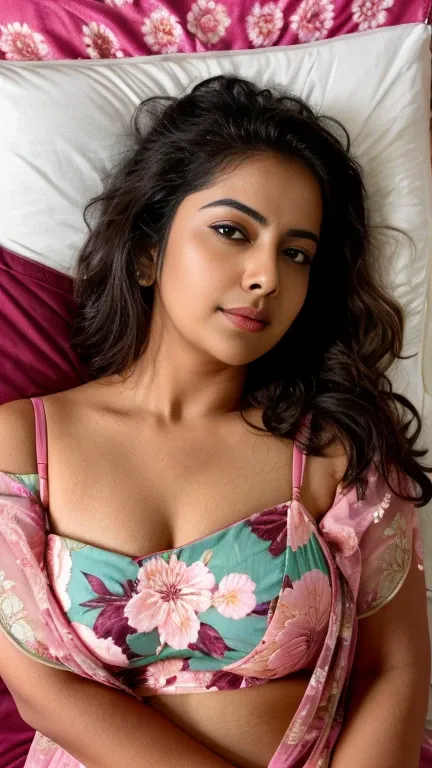 extreme closeup photo of ntg avika gor seductive look, deep cleavage, lying on bed, pink floral nightdress