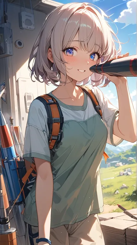 One Girl、Cheerful expression、Bright Eyes、 Short Bobs Hair 、 casual clothes 、 Figure Holding a Model Rocket in Her Hand、 pottery skin、Small breasts、 Hand Holding Instruments 、  
break、  
Under the blue sky、(Vibrant Light:1.2)、Cool tones、Soft Shadows、 Active...