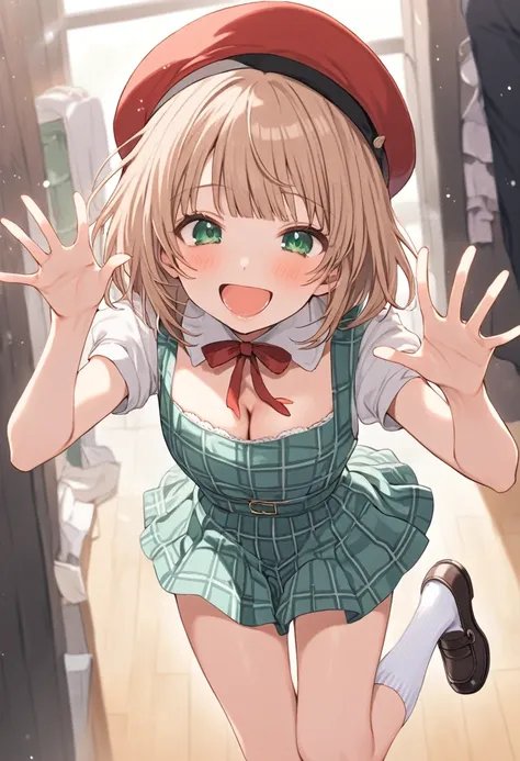 ((masterpiece、Best Quality))shigure ui、green eyes、 short bob style、woman、cute、young、Idol、smile、Red cheeks、Illustrator、Red Hat、Checked Skirt、 high socks、Shoes、Cleavage Emphasis、Petite、White breath 、Embarrassing、smile、be happy