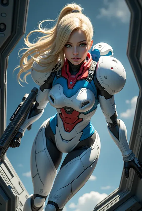 1girl,Samus aran,solo,green eyes,blonde hair,white blue power armor,ponytail,arm cannon,red chest armor, big shoulder armor,cowboy shot,in space ship,zero gravity,Science fiction,ultra-detailed,sharp focus,aesthetic,(best quality)