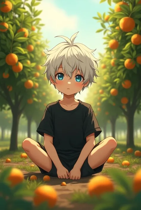 Cute young anime boy with black t-shirt and white hair and blue eyes sitting on green orange plantation