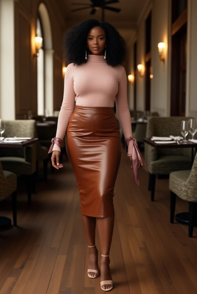 A curvaceous Black woman wearing a soft, cashmere turtleneck in blush pink, paired with a leather pencil skirt in cognac brown and ankle-strap heels. She’s accessorized with a silk scarf tied around her wrist and pearl earrings. Her hair is styled in loose...