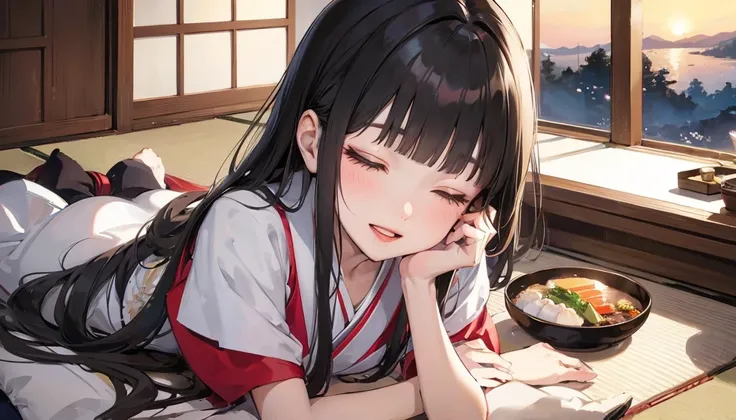 (immensely beautiful illustration), (beautiful and delicate), solo:2, (sexy closed eyes) (best blunt bangs) (black hair long hair) (best beautiful girl is Age 15), (soft smile, open mouth), ((glossy lip)), (medium tits), (in a shrine maiden clothes), (dign...