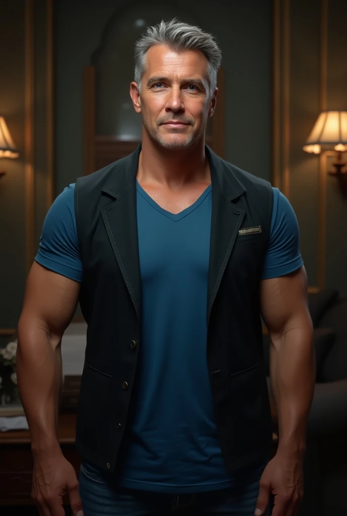 Full body photorealistic 4k, high resolution, best quality, masterpiece, perfect color, perfect shade, perfect lighting, Posted by e621, ((portrait)), ((handsome man)), perfect male figure, Short hair details，chest muscles，abdominal muscles，blue T-shirt, B...