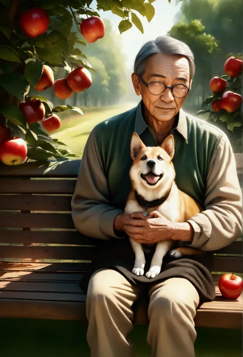 A senior man in glasses sitting on a bench with a dog in his arms in an apple orchard, detailed illustration, photorealistic, 8k, high quality, intricate details, natural lighting, warm colors, peaceful atmosphere, cozy countryside scene, vibrant foliage, ...