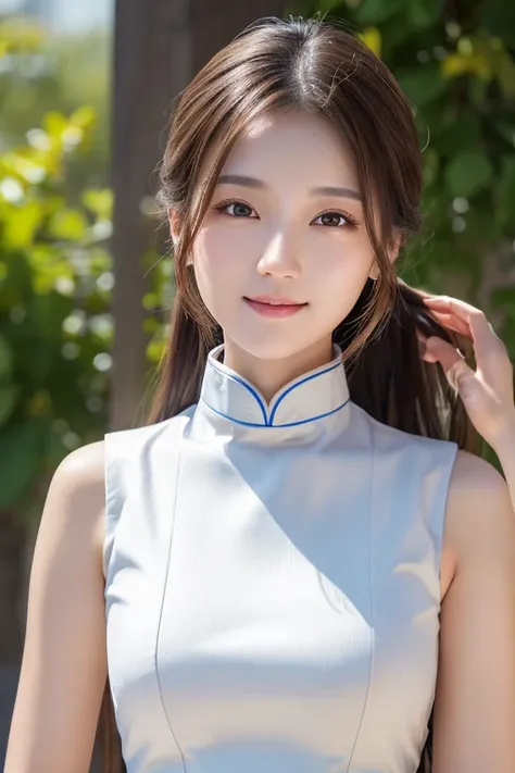 ((Best Quality, 8k, masterpiece: 1.3)), concentrated: 1.2, Wear traditional Chinese clothing,Latex Chinese Dress, Sleeveless, Face close-up、Cafe Wall, Highly detailed face and skin texture, Fine grain, Double Eyelids, White skin, Long ponytail、Latex bodysu...