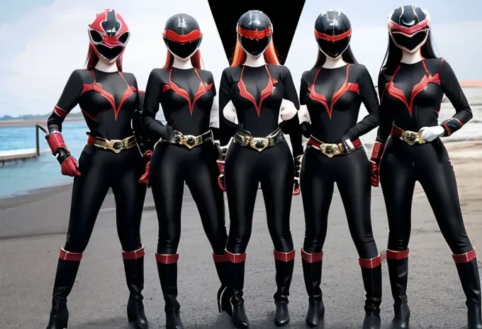 All womans 12 members black rangers, black rangers suits, as shes power rangers black, full bodys , helmet mask, long hair, high detailed, realistic, gloves, ultra realistic, ((full face helmet)), black shield sunglasses on eyes, smart black sunglasses , 1...