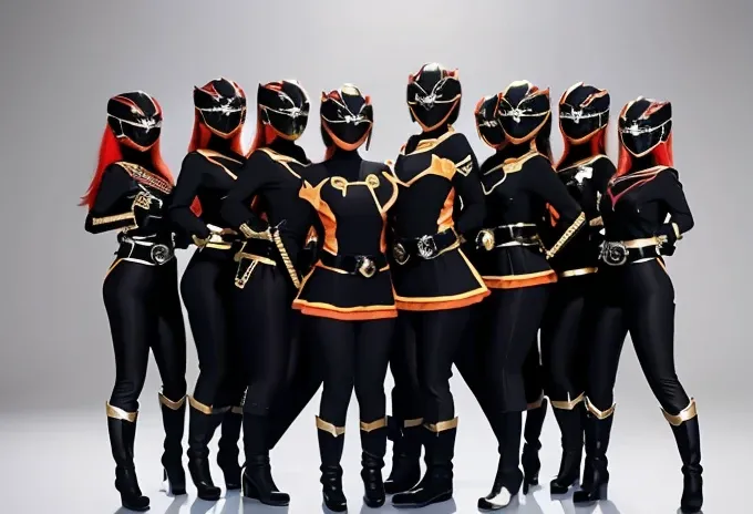 All womans 12 members black rangers, black rangers suits, as shes power rangers black, full bodys , helmet mask, long hair, high detailed, realistic, gloves, ultra realistic, ((full face helmet)), black shield sunglasses on eyes, smart black sunglasses , 1...