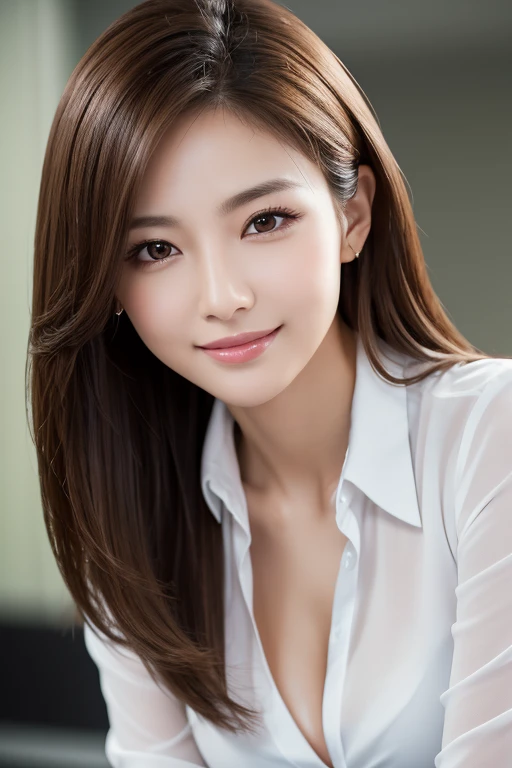 masterpiece, Best Quality, 8k resolution, high detail, Japanese office lady, Evening setting, After Work, Office building background, Revealing clothing, smile, Slender body, Detailed face, Smooth and flawless skin, Expressive and captivating eyes, Well-pr...