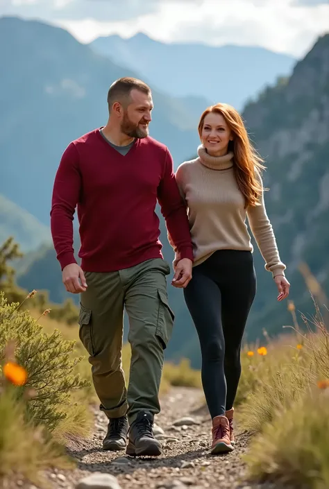 muscular, a crew haircut, red sweater, green cargo pants, hiking in the mountains, with Beautiful woman very slim big large breasts, ginger straight hair, wearing beige turtle neck sweater over black tight yoga pants, Beautiful legs, sunny day, very realis...