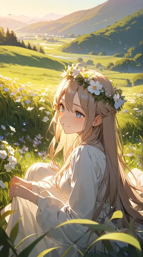 1 girl,  gentle expression, Deep Eyes, Long flowing hair, Elegant dress, Echoing posture, Soft Skin, Modest chest, Dreamy smile, Flower crown,  
break,  
Golden hour of spring, (Rim lighting:1.2), Warm Light, Soft gradient, Enchanting atmosphere, Play of n...