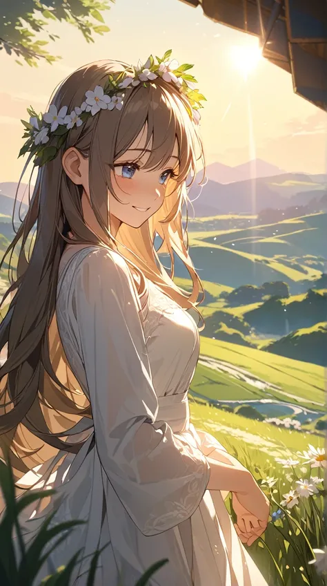 1 girl,  gentle expression, Deep Eyes, Long flowing hair, Elegant dress, Echoing posture, Soft Skin, Modest chest, Dreamy smile, Flower crown,  
break,  
Golden hour of spring, (Rim lighting:1.2), Warm Light, Soft gradient, Enchanting atmosphere, Play of n...