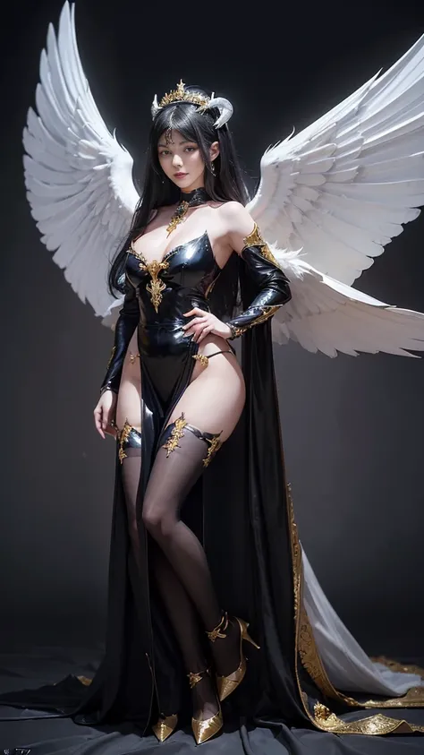 ((Full body image:1.8)), (Realistic images,  Highest Resolution , 16k), ( A demon with broad wings and enormous power on her shoulders, Twelve wings on the shoulders., Bat wingsสีดำ 3 อัน:1.5 , 3 white angel wings:1.5), ((Twelve wings on the shoulders)), (...