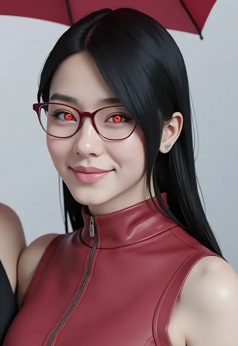 (photorealism:1.2), Sarada uchiha cosplayer woman black halflong hair with bang , she have red shine eyes blooding , medium body skin wearing red tanktop and red frame of glassess, big breast upper chest, sarada cosplay, realistic and sharp , detailed phot...