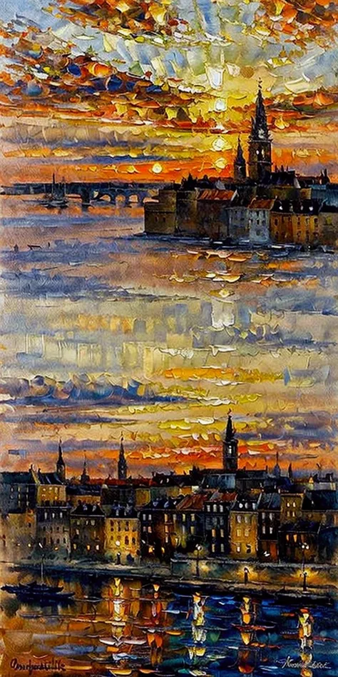 masterpiece,best composition,impressionistic painting,cinema style,summer landscape,medieval european cityscape,sunset between buildings,orange clouds,fantastic and breathtaking,restful and beautiful view.