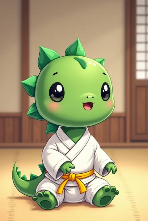 Little green dinosaur in a white kimono judo with a yellow belt cartoon version who is in a dojo sitting on the ground he is playing