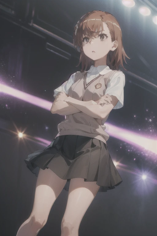 Misaka Mikoto、A Certain Scientific Railgun、girl、Small breasts、whole body、Contrasted、Short sleeve blouse、Beige knit vest、Dark grey plain pleated skirt、crossed arms、