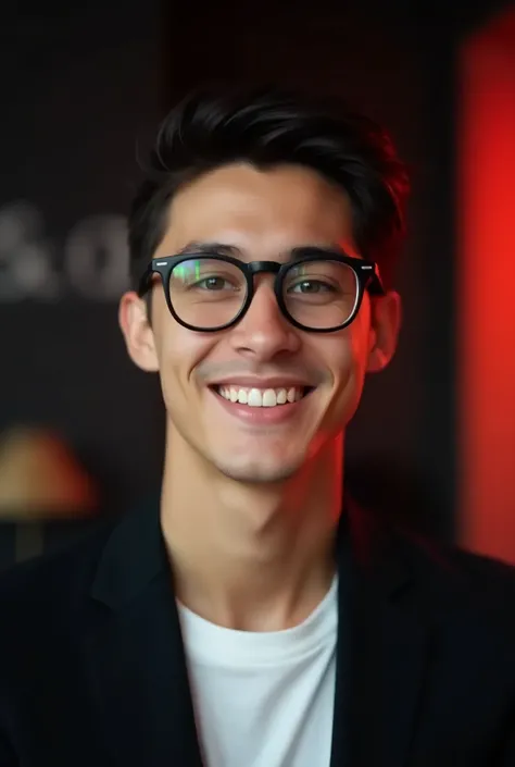 "A close-up shot of an 18-year-old boy with dark hair and a bright smile, dressed in a casual black blazer over a white shirt and wearing stylish glasses. He is set against a dark-themed office background, with subtle red lighting from the right, creating ...