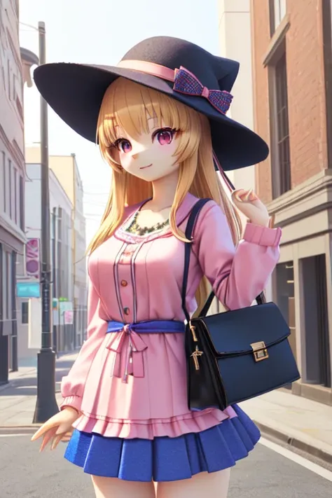 a close up of a doll with a hat and a purse, render of a cute 3d anime girl, anime styled 3d, realistic anime 3 d style, 3d anime girl, photorealistic anime girl render, render of april, casual pose, character is in her natural pose, 3 d character art, 3 d...