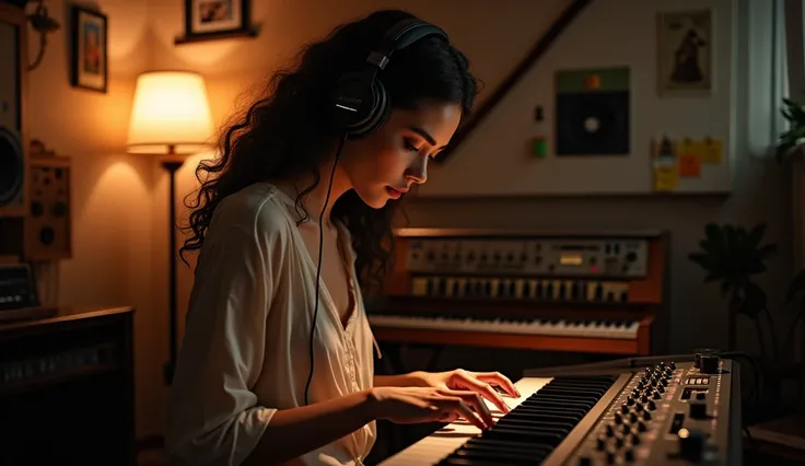 beautiful woman, Rehearsal room , sitting headphones with synthesizer