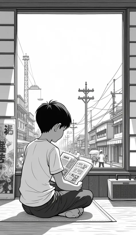 Illustrate a scene from the 1950-60s inside a traditional Japanese house with sliding paper doors (shoji). A young boy, sitting cross-legged on a tatami mat, is absorbed in reading a black-and-white manga. His attire is a simple, plain white T-shirt, captu...