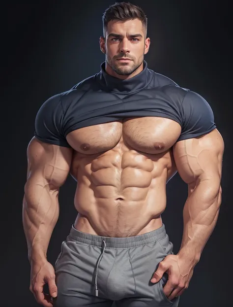 a very handsome man, big eyes, wearing a dark blue sweatshirt and gray pants, massively muscular, massively large muscles, massively large biceps, massively large arms, massively large shoulders, massively large chest, on a black background, hard big bulge...