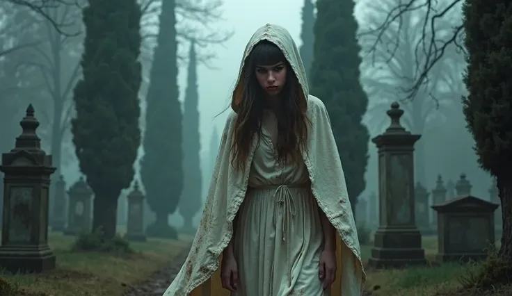 Young brunette woman with bangs and long dull hair, walking, torso, seen from below, dirty white cape with hood, scary face,  in a misty cemetery , cypress trees 