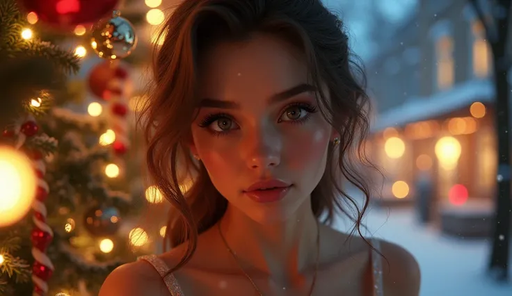 a beautiful sexy girl, christmas background, photorealistic, (best quality,4k,8k,highres,masterpiece:1.2),ultra-detailed,(realistic,photorealistic,photo-realistic:1.37),extremely detailed eyes and face,longeyelashes,perfect skin,intricate details,warm ligh...