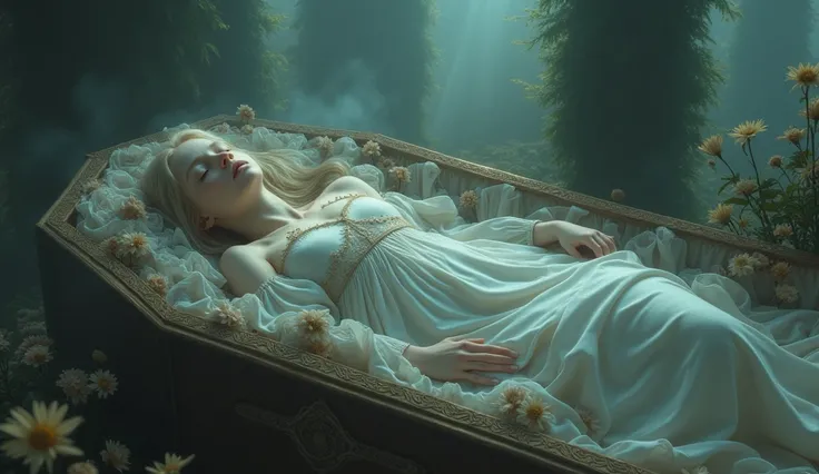  Eyes closed, sleeping, young albino woman with bangs and long dull hair, view from above, It is a  with a shroud ,  stretched out in a large coffin, with dried flowers ,  in a misty crypt , cypress trees ,  Eyes closed