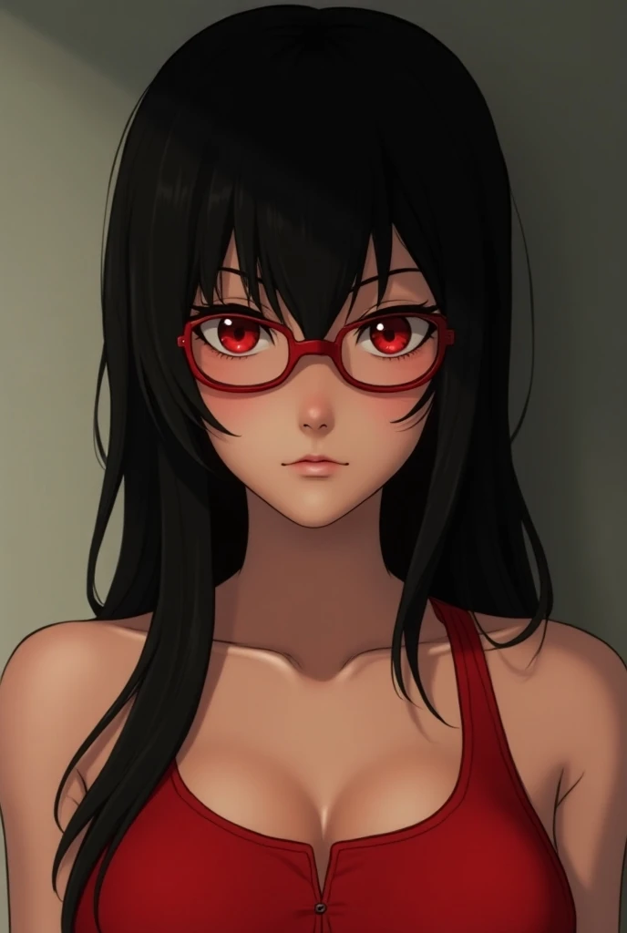 (photorealism:1.2), Sarada uchiha real woman black halflong hair with bang , she have red shine eyes blooding , medium body skin wearing red tanktop and red frame of glassess, big breast upper chest, sarada uchiha realism, hyper realistic and sharp , detai...