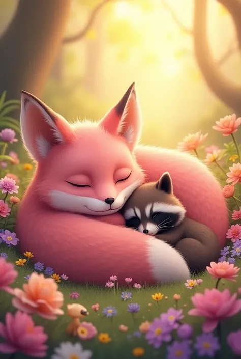  A large pink fox fox is curled up sleeping in a sea full of flowers. Warm rays of sunshine shine on it .  A big raccoon snuggles up to the vixen.