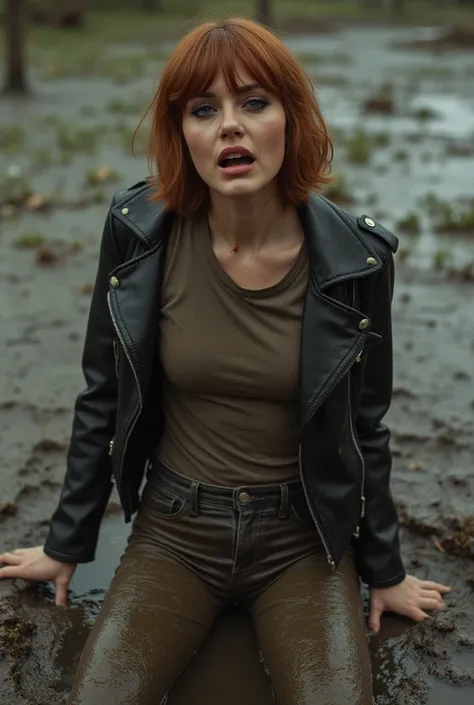 red-haired brunette, aging next-door dirty woman, bags under the eyes, expressive wrinkles, duckweed drowning in the sticky mud of a muddy swamp . poses in dark ecstasy.,She is wearing tight high-waisted  mud-covered jeans and mud-covered jeans and a tight...