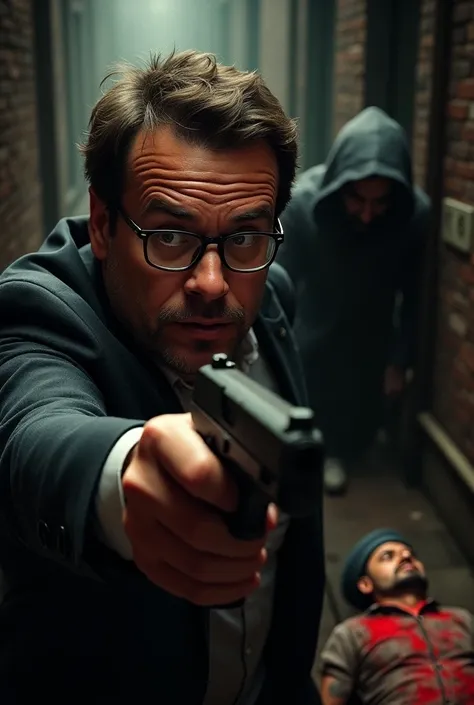 [A shocked, realistic man with glasses witnesses a plot to assassinate Salman Khan;  a hooded figure points a handgun at the camera, while another man, wearing a turban and seemingly already killed, is shown in the background], [Photorealistic digital pain...