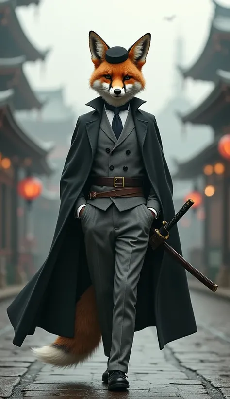  Imagine a humanoid fox .  His style is inspired by early 20th century British fashion ,  wearing an elegant gray suit with details of traditional Japanese tailoring. He wears a long black cape ,  a beret and a katana hanging from the side of his body ,  s...