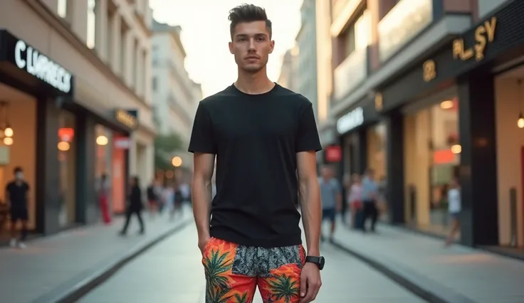  A 28Y young European boy , Slim Fit ,WEAR A BLACK T-SHIRT AND A PAIR OF SHORT COLORED SPORTS TROUSERS,Outdoors with one hand inserted in pocket with other hand holding skateboard,front, with the background of a street of trendy shops , presents 「personali...