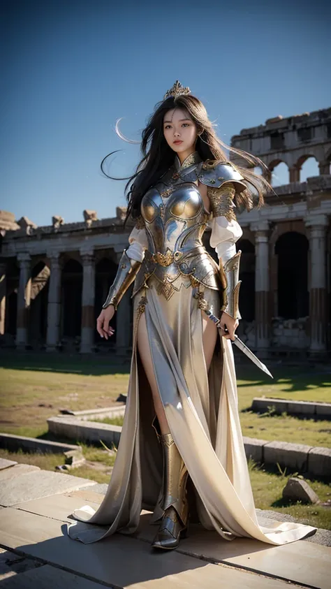 ((woman,  Standing on Ruins , close, Realistic)) Realistic visuals, Artistic sophistication, Captivating beauty, Dramatic contrast, 8K wallpaper, Confused, incredible Confused, Golden Armor,  Gadasingtai Gaodanvusheng, (Has a silver sword)), Hair floating ...