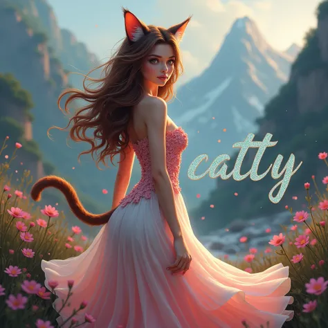 beautiful detailed catgirl, tail, wearing detailed baby pink, white ombre sexy dress, brown hair, (best quality,4k,8k,highres,masterpiece:1.2),ultra-detailed,(realistic,photorealistic,photo-realistic:1.37),intricate details,highly detailed,extremely detail...