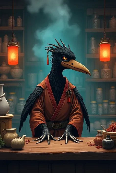 cartoon draw simplified style 

From the players perspective, the grocery store looks both old and futuristic, a mix of ancient and modern where tradition and technology strangely coexist. In front of him, the grocer, an imposing Tengu with dark feathers g...