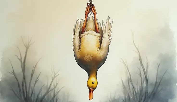 watercolor, dead duck hanging by the legs, upside down