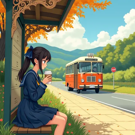 Art Nouveau style illustration, Autumn sunny day, Japan, idyllic rural landscape, small bus stop, one girl, high school student sitting on a bench, she is drinking Starbucks coffee. She is wearing a navy blue sailor suit, which is a high school uniform, an...