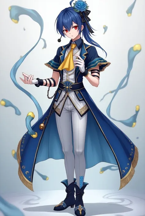 Anime young man with sharp red eyes featuring long indigo hair tied with a black ribbon decorated with a blue flower ,He has fair skin and wearing all the imaginary clothes of Nile Idol, which consists of a long short-handed jacket with a white shirt in th...