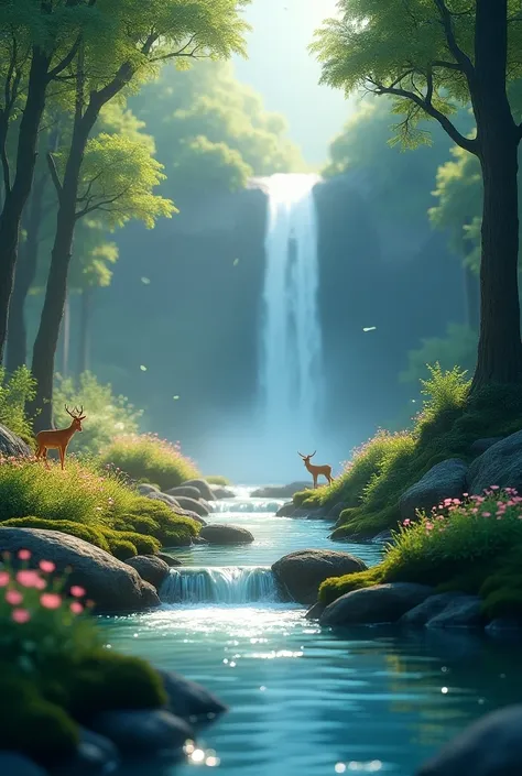 Design a 3D Disney-style image of a pristine forest river with cascading waterfalls. The river flows smoothly over moss-covered rocks, surrounded by towering trees and glowing flowers. The water sparkles in the light, and the scene is bathed in a soft, mag...