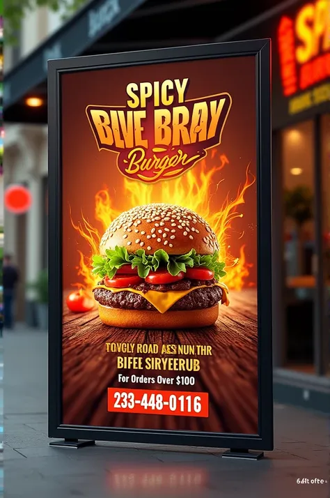 I wanna create a simple banner using ps for a restaurant who sells spicy burger and does free home delivery only on order more than $100 . Size of banner must be  6 height and 4 width in feet . Brand name is delicious burger . Need to heightlight spiciness...