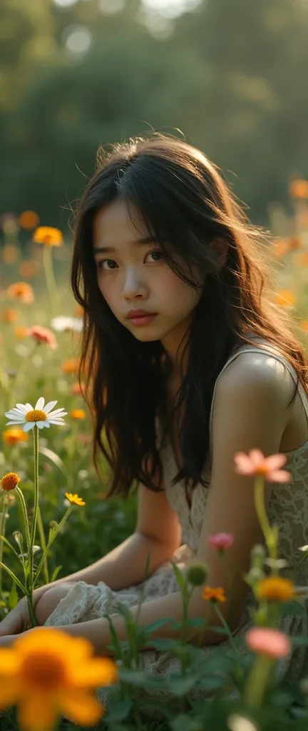 a sad girl in a beautiful garden, 1girl, detailed face, detailed eyes, detailed lips, long eyelashes, melancholy expression, sitting on the grass, surrounded by blooming flowers, natural sunlight, golden hour lighting, cinematic composition, muted color pa...