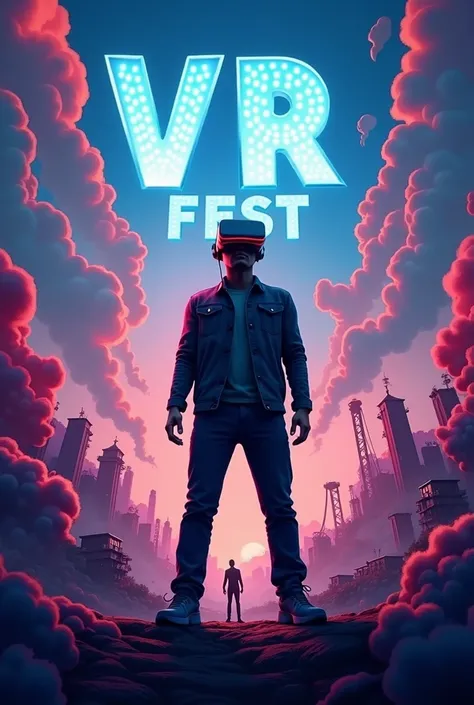 Create a poster containing a real life person, a pair of VR headsets and some 3D objects and roller coasters inside the poster for a program called "VR FEST" where you can experience 360 degree 3D rides using VR headsets. CONTAIN THE FOLLOWING TEXT INSIDE ...